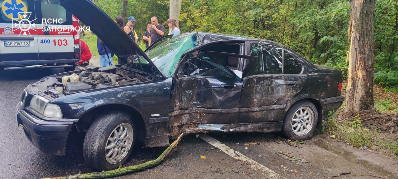 Постраждали двоє людей: у Запоріжжі керманич BMW не впорався з керування та врізався у дерево